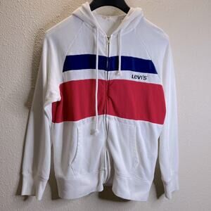 Vintage Levi’s Women White Striped Full Zip Hooded Sweater Size XS